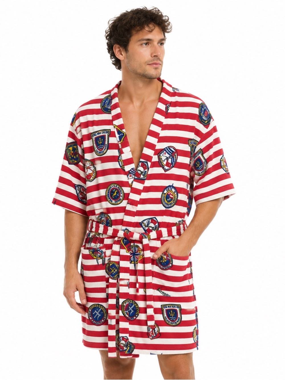 Vintage Nautical Terry Cloth Robe Red White Striped USA Naval Print One Size